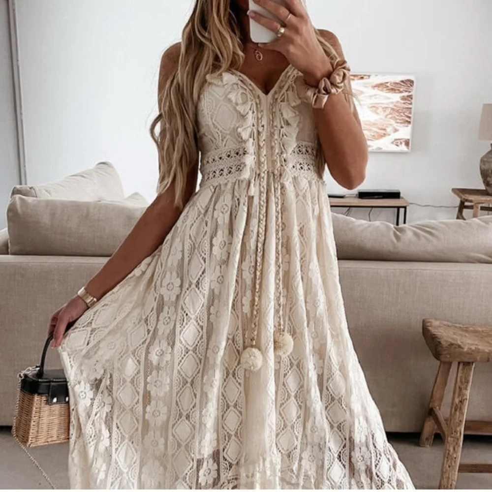 Shop Fig Cream Lace High Low Dress - Picture 1 of 4